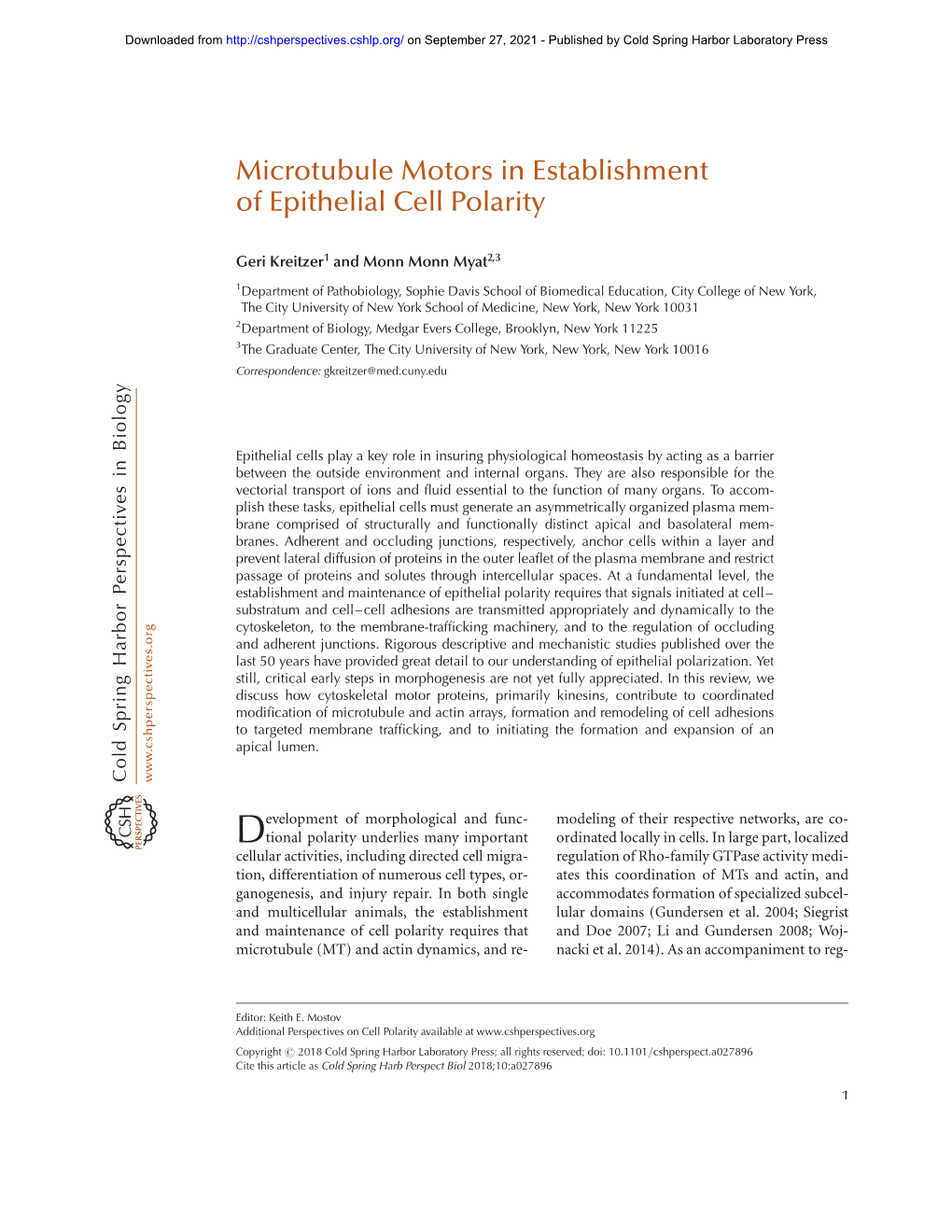 Microtubule Motors in Establishment of Epithelial Cell Polarity