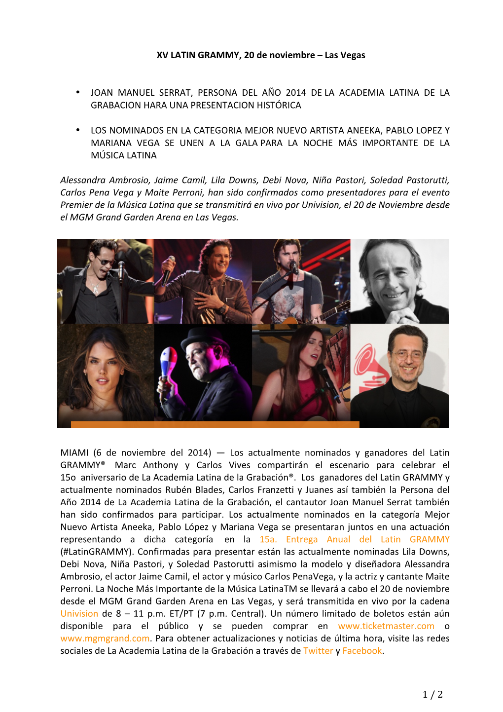 1 / 2 XV LATIN GRAMMY, 20 De Noviembre – Las Vegas