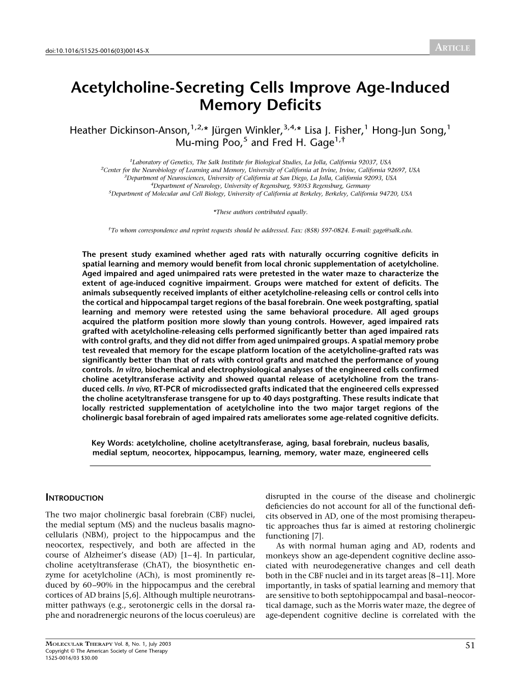 Acetylcholine-Secreting Cells Improve Age-Induced Memory Deficits