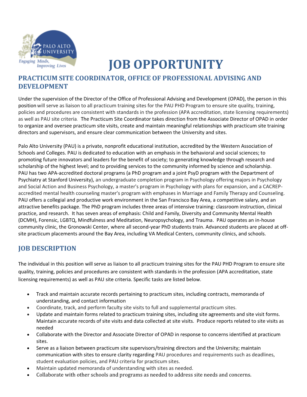 Job Opportunity Practicum Site Coordinator, Office of Professional Advising and Development