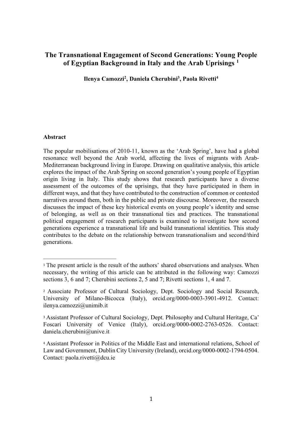 The Transnational Engagement of Second Generations: Young People of Egyptian Background in Italy and the Arab Uprisings 1