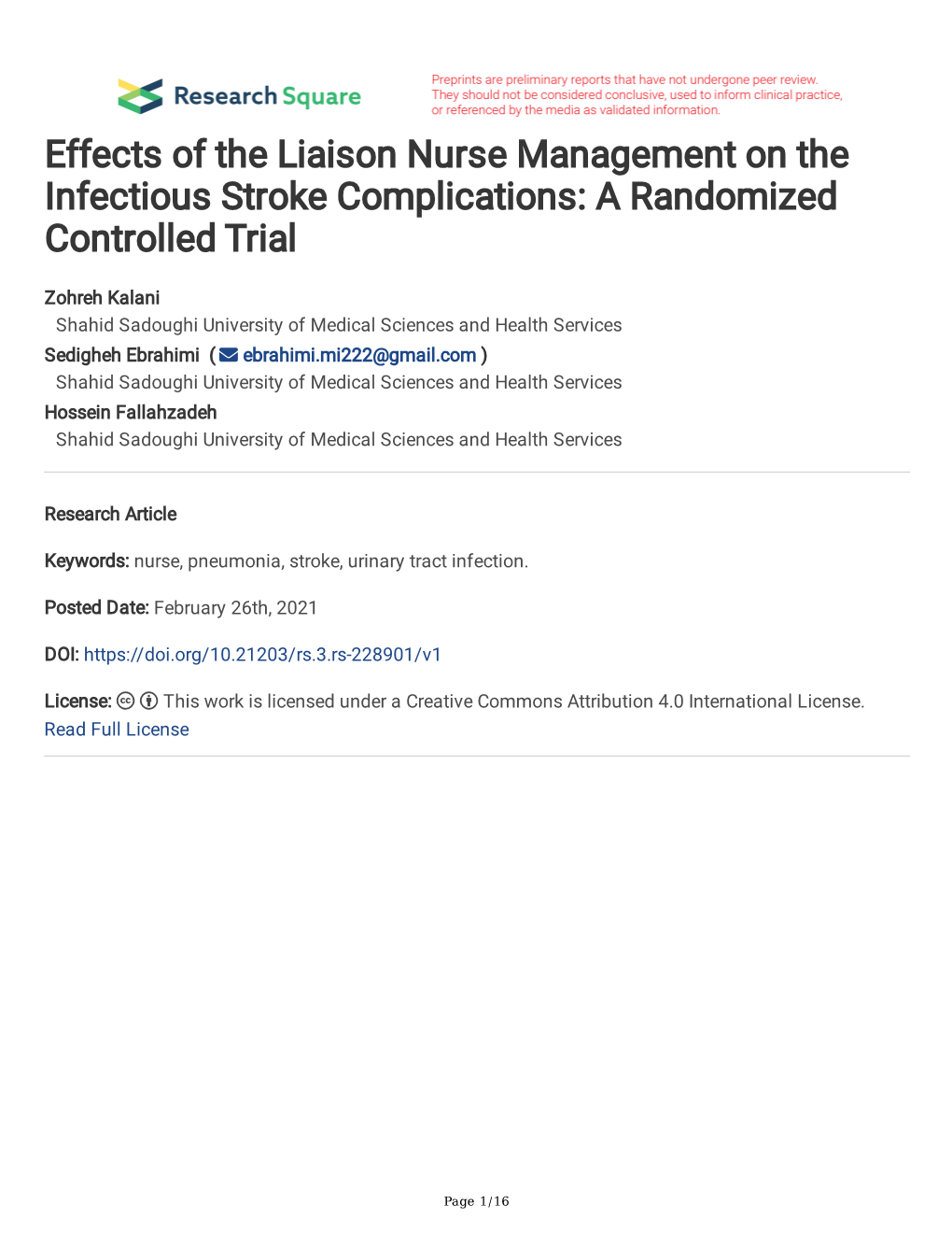 Effects of the Liaison Nurse Management on the Infectious Stroke Complications: a Randomized Controlled Trial