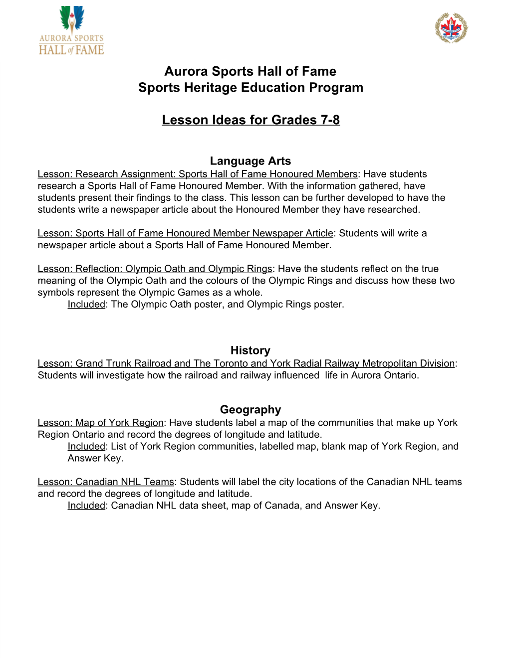 Aurora Sports Hall of Fame Sports Heritage Education Program Lesson Ideas for Grades