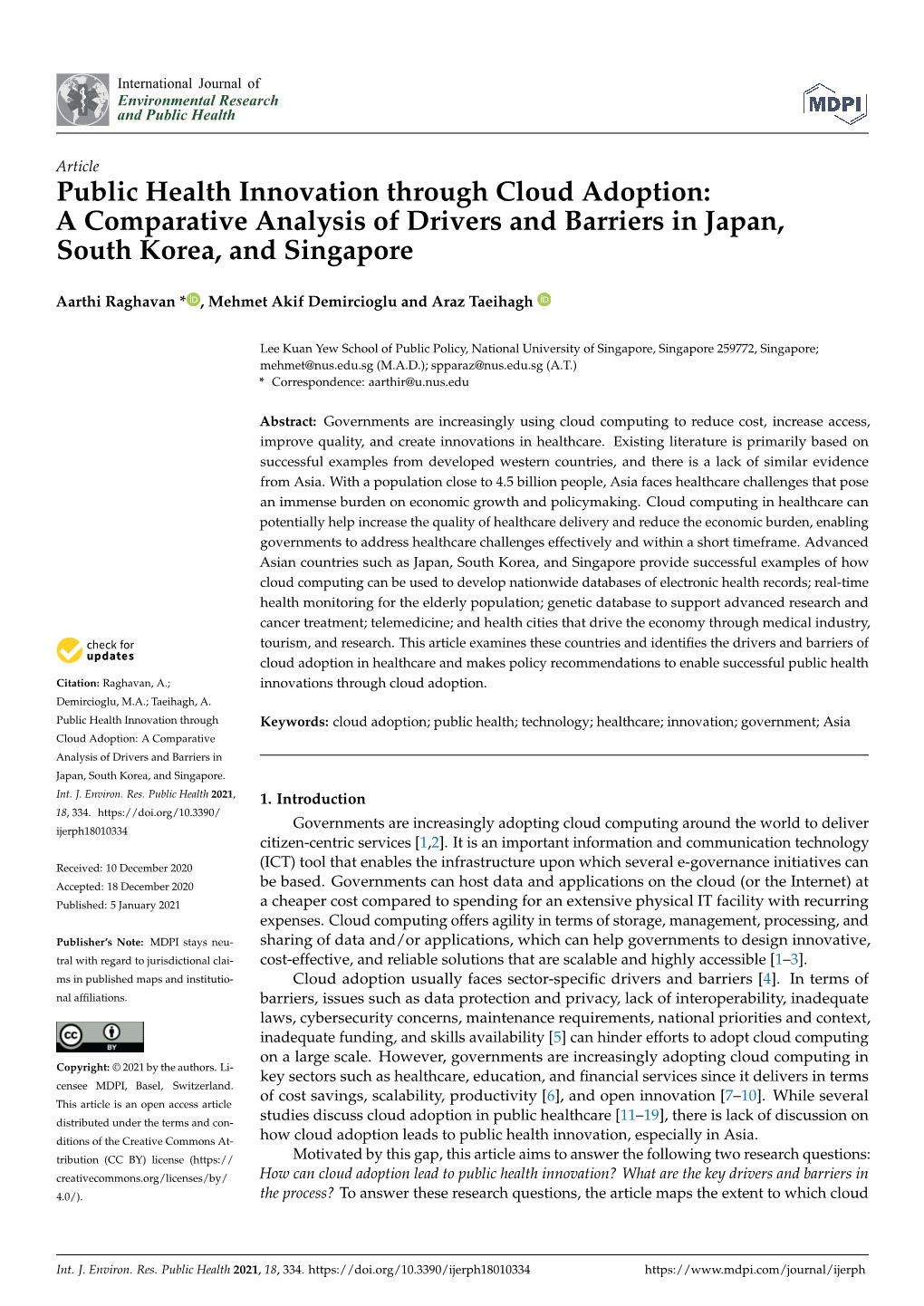 Public Health Innovation Through Cloud Adoption: a Comparative Analysis of Drivers and Barriers in Japan, South Korea, and Singapore