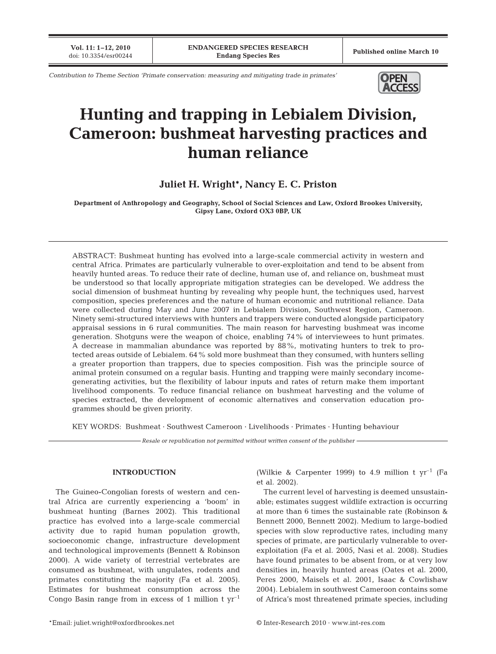 Hunting and Trapping in Lebialem Division, Cameroon: Bushmeat Harvesting Practices and Human Reliance
