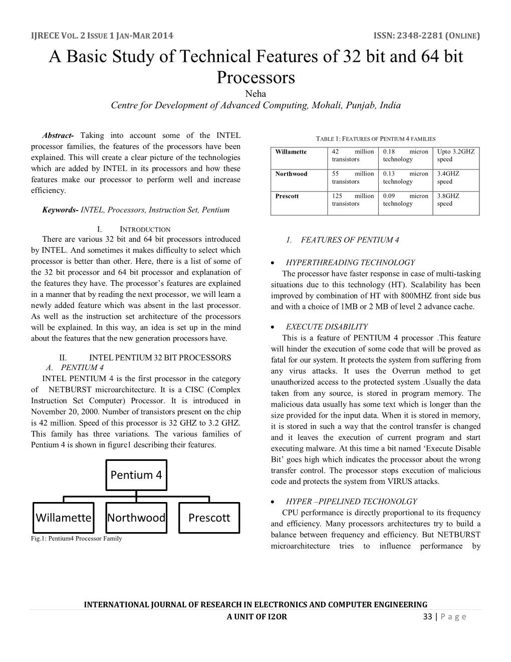 A Basic Study of Technical Features of 32 Bit and 64 Bit Processors Neha Centre for Development of Advanced Computing, Mohali, Punjab, India