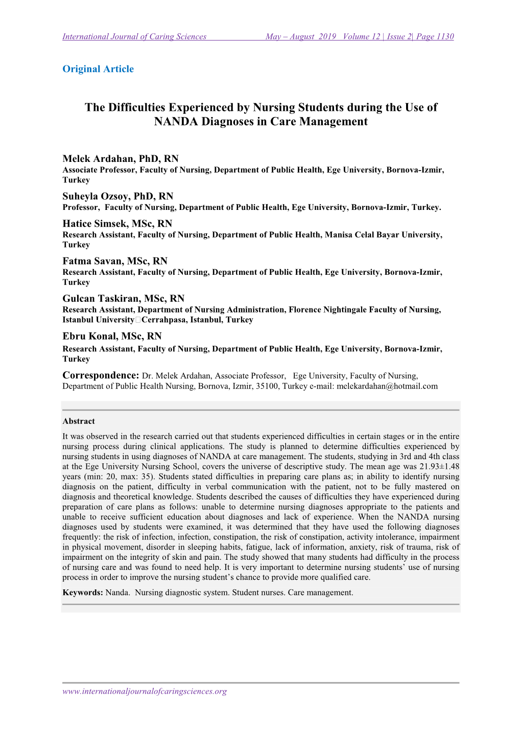 The Difficulties Experienced by Nursing Students During the Use of NANDA Diagnoses in Care Management