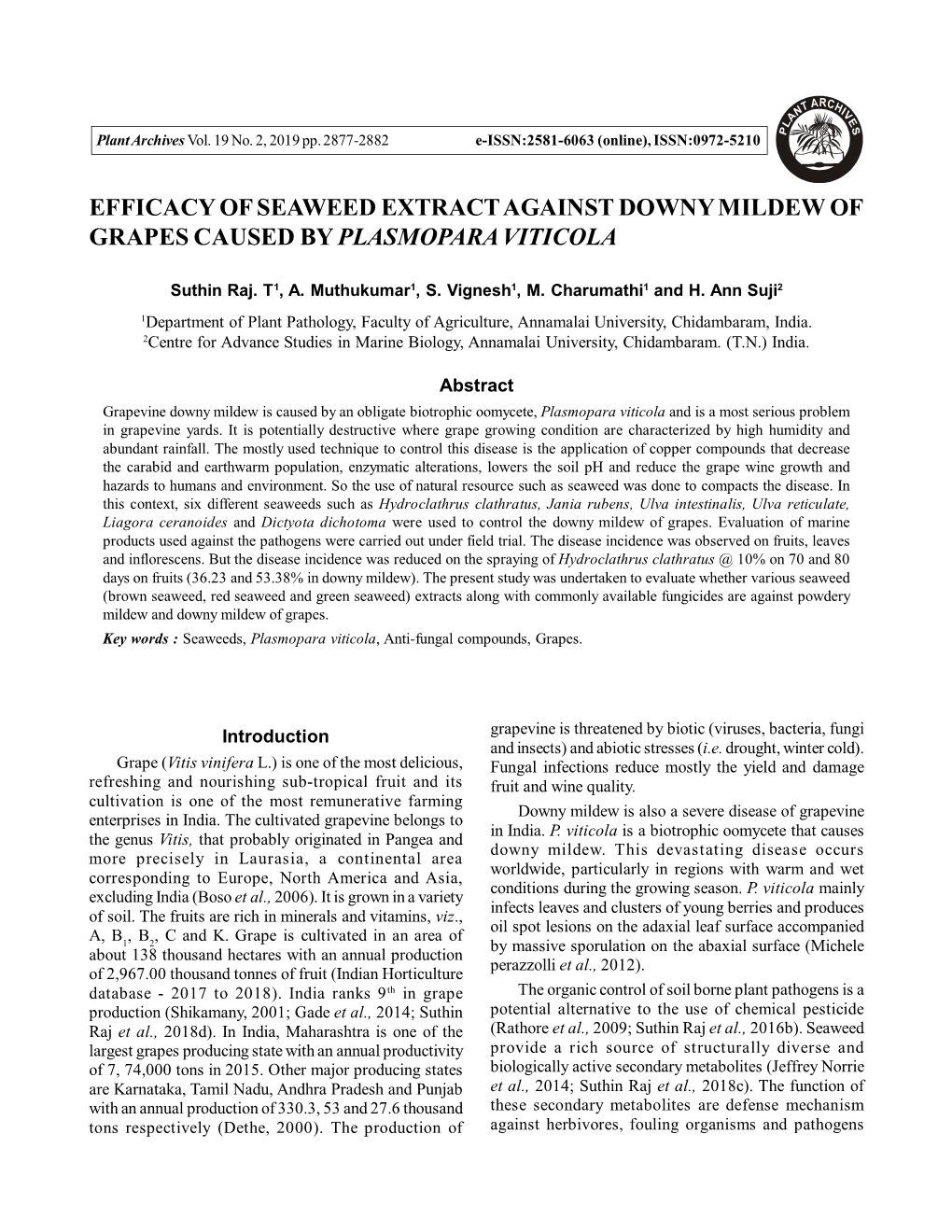 Efficacy of Seaweed Extract Against Downy Mildew of Grapes Caused by Plasmopara Viticola