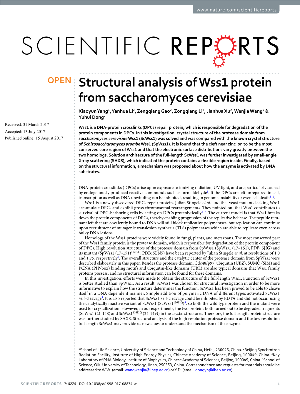 Structural Analysis of Wss1 Protein from Saccharomyces Cerevisiae