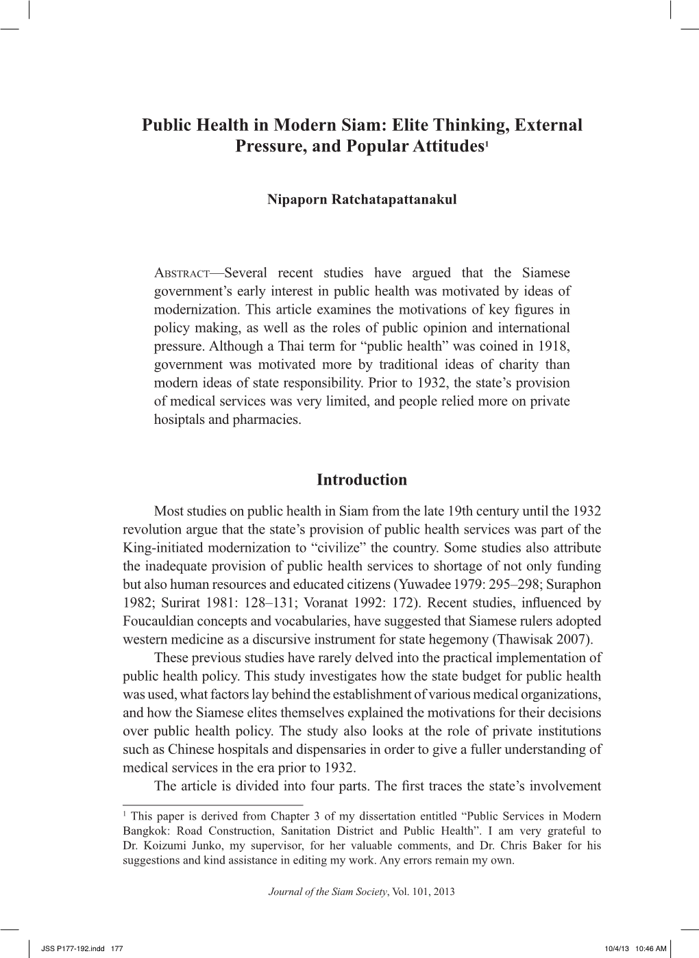 Public Health in Modern Siam: Elite Thinking, External Pressure, and Popular Attitudes1