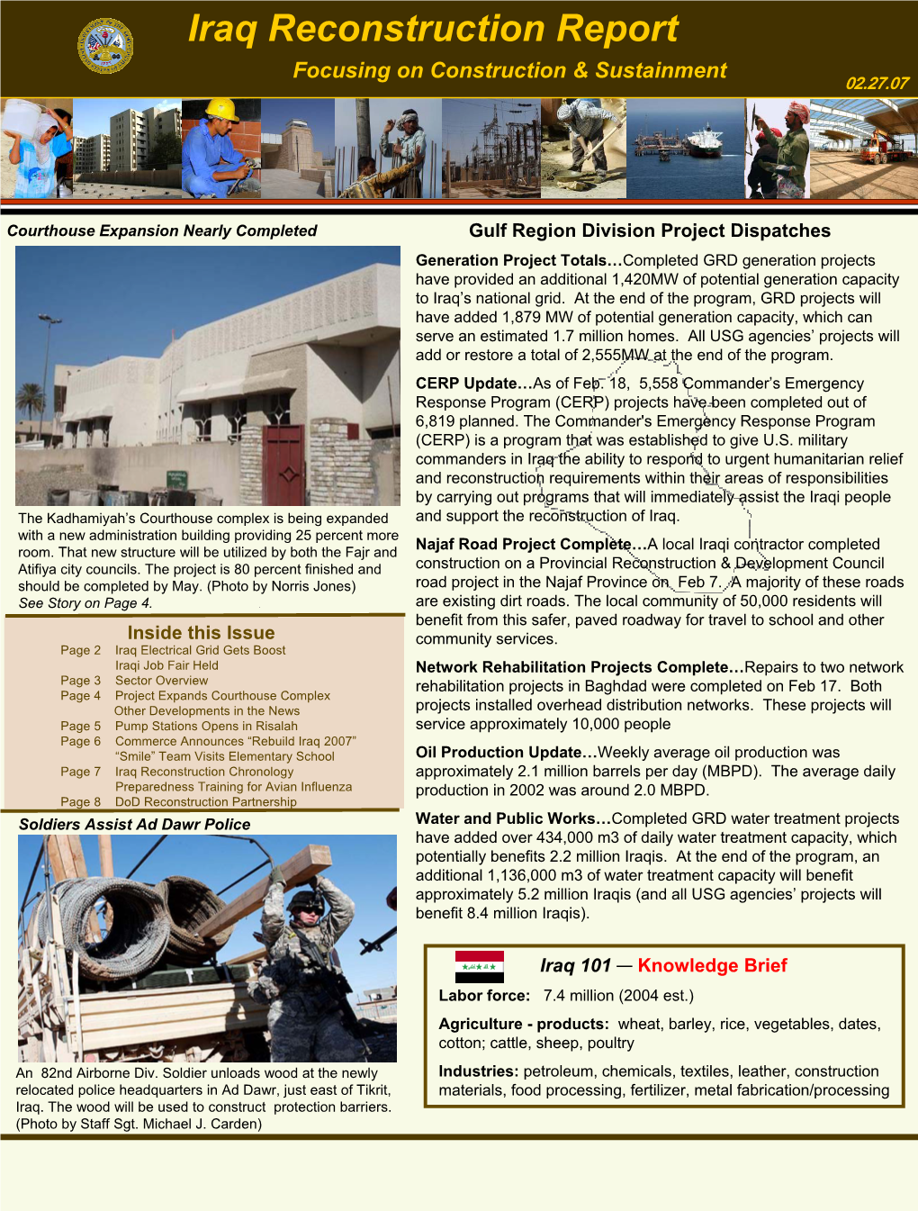 Iraq Reconstruction Report Focusing on Construction & Sustainment 02.27.07