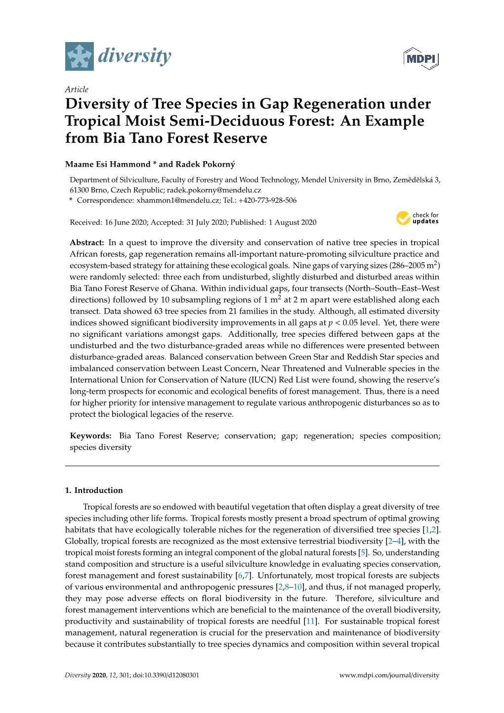 Diversity of Tree Species in Gap Regeneration Under Tropical Moist Semi-Deciduous Forest: an Example from Bia Tano Forest Reserve