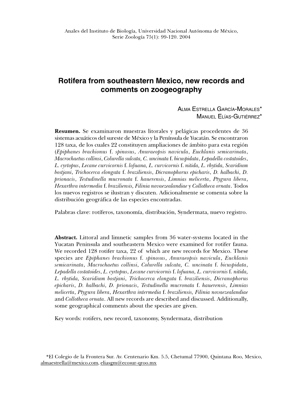 Rotifera from Southeastern Mexico, New Records and Comments on Zoogeography