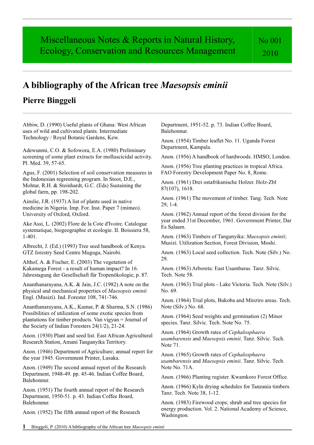 A Bibliography of the African Tree Maesopsis Eminii Pierre Binggeli