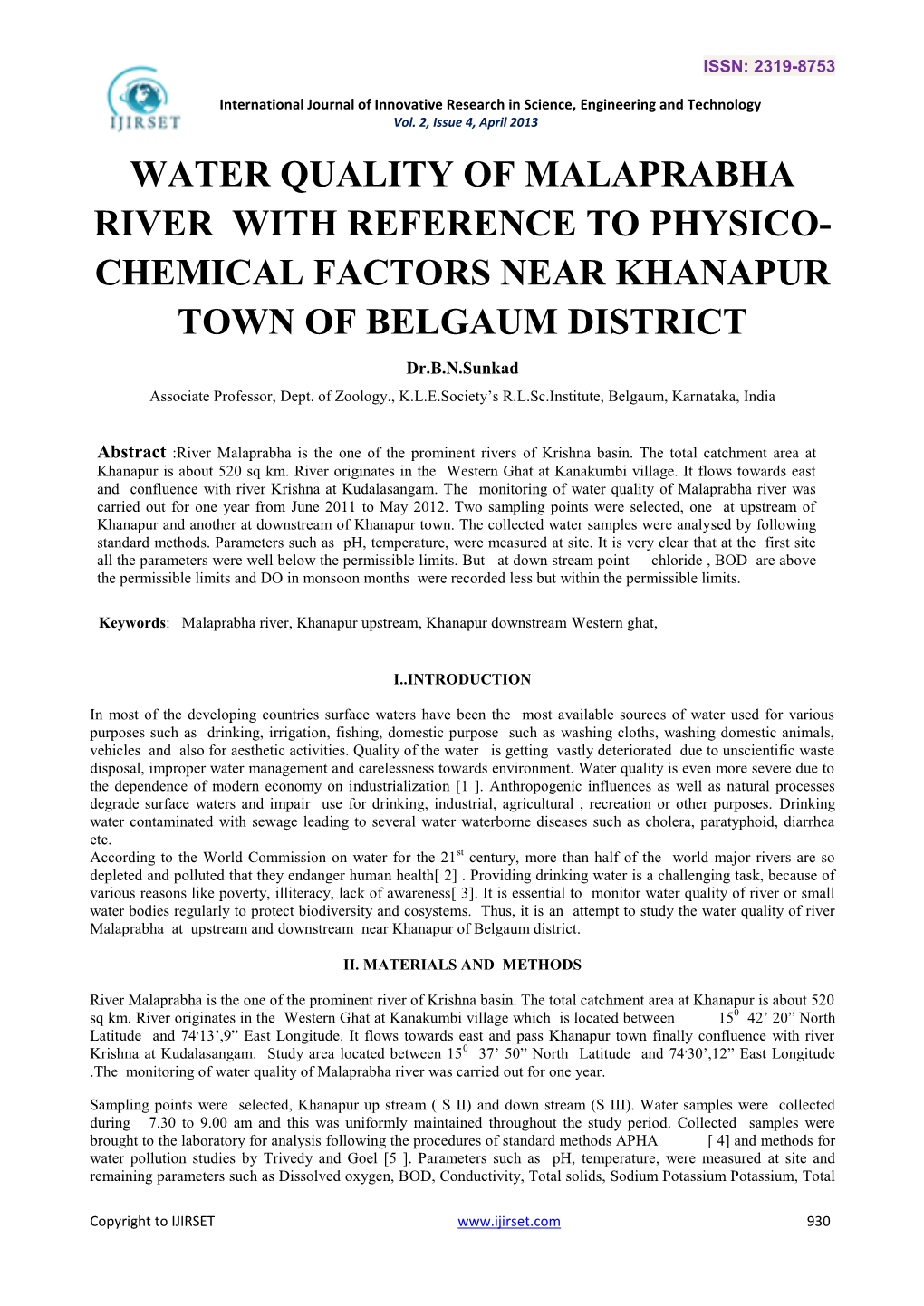 Water Quality of Malaprabha River with Reference to Physico- Chemical Factors Near Khanapur