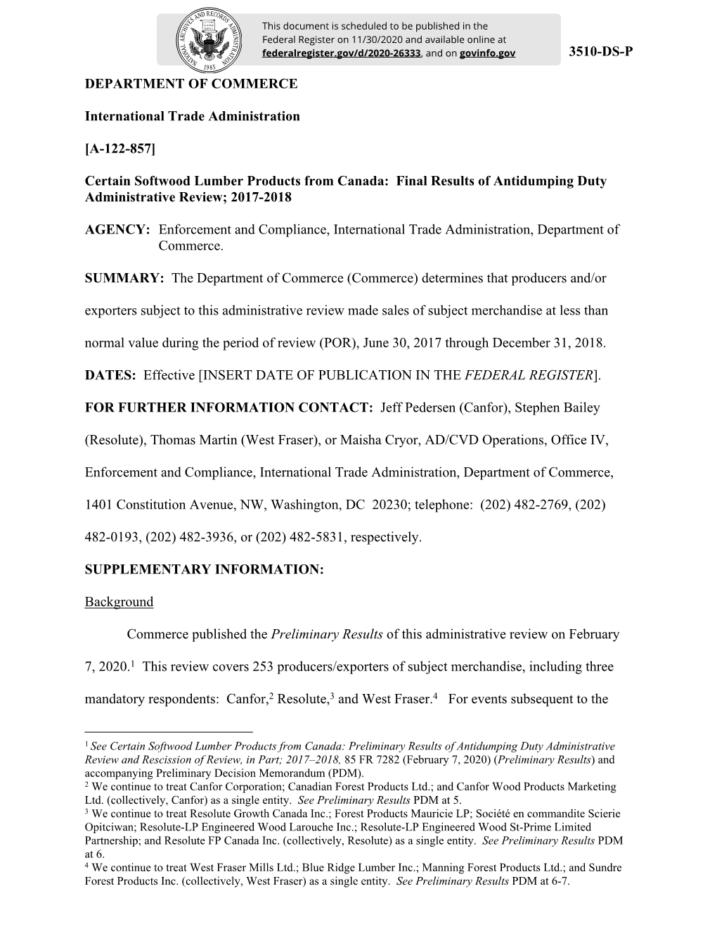 [A-122-857] Certain Softwood Lumber Products