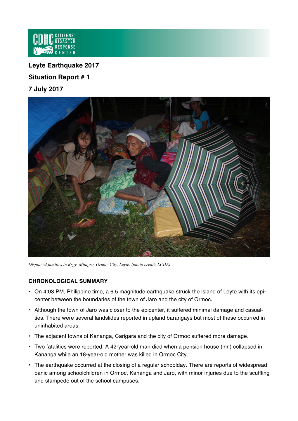 Leyte Earthquake 2017 Situation Report # 1 7 July 2017
