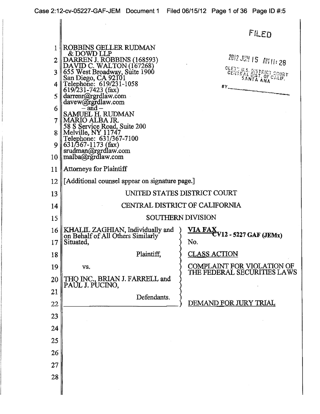 Khalil Zaghian, Et Al. V. THQ Inc, Et Al. 12-CV-05227-Complaint For