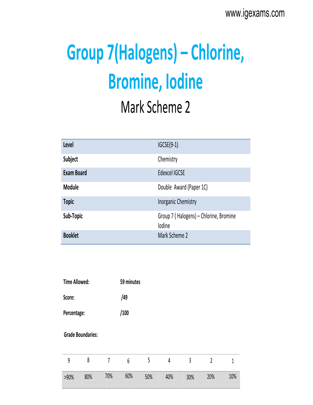 Group 7(Halogens) – Chlorine, Bromine, Iodine Mark Scheme 2