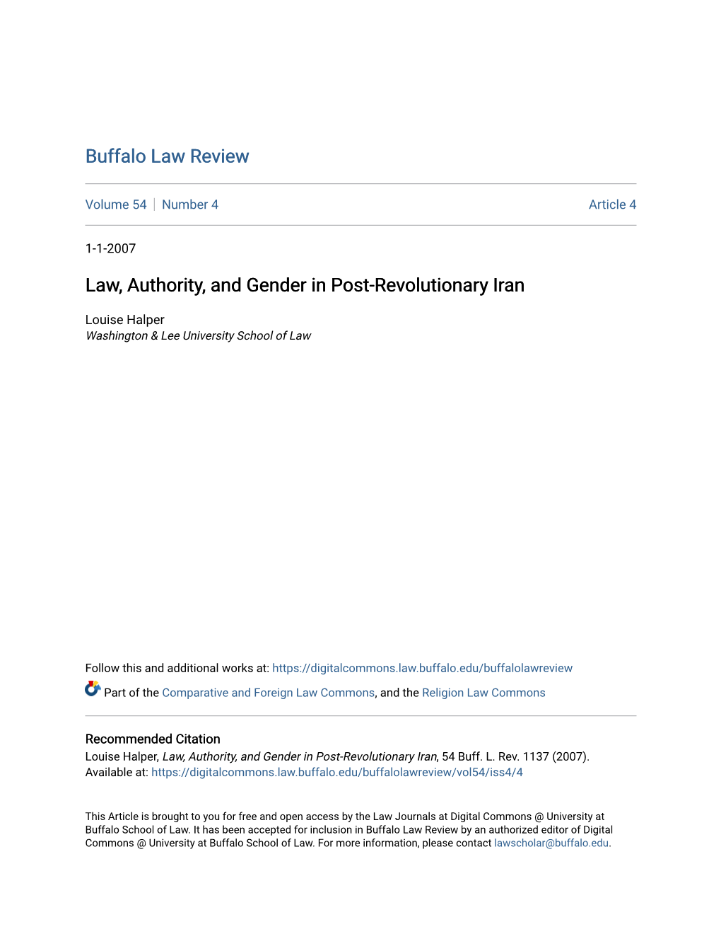 Law, Authority, and Gender in Post-Revolutionary Iran