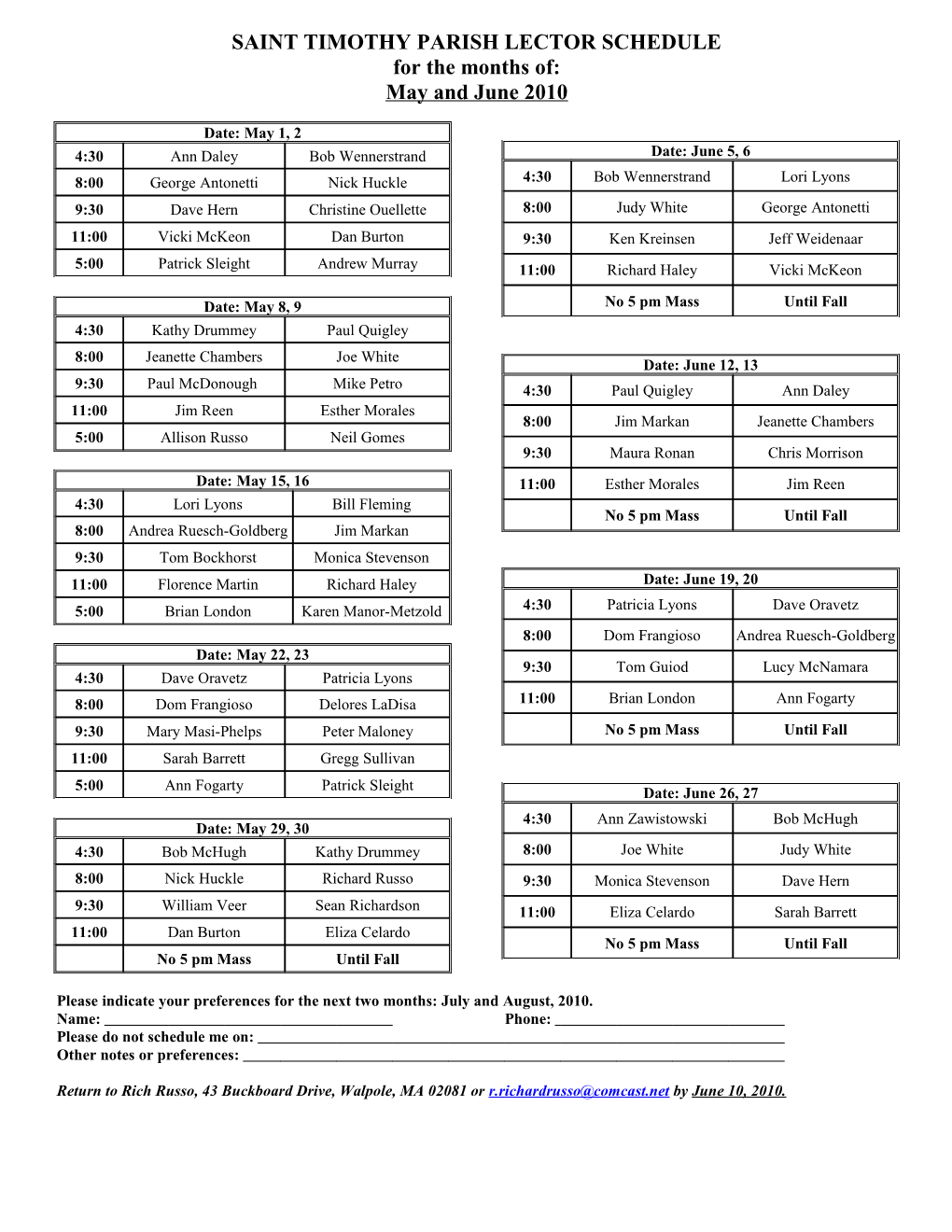 Saint Timothy Parish Lector Schedule