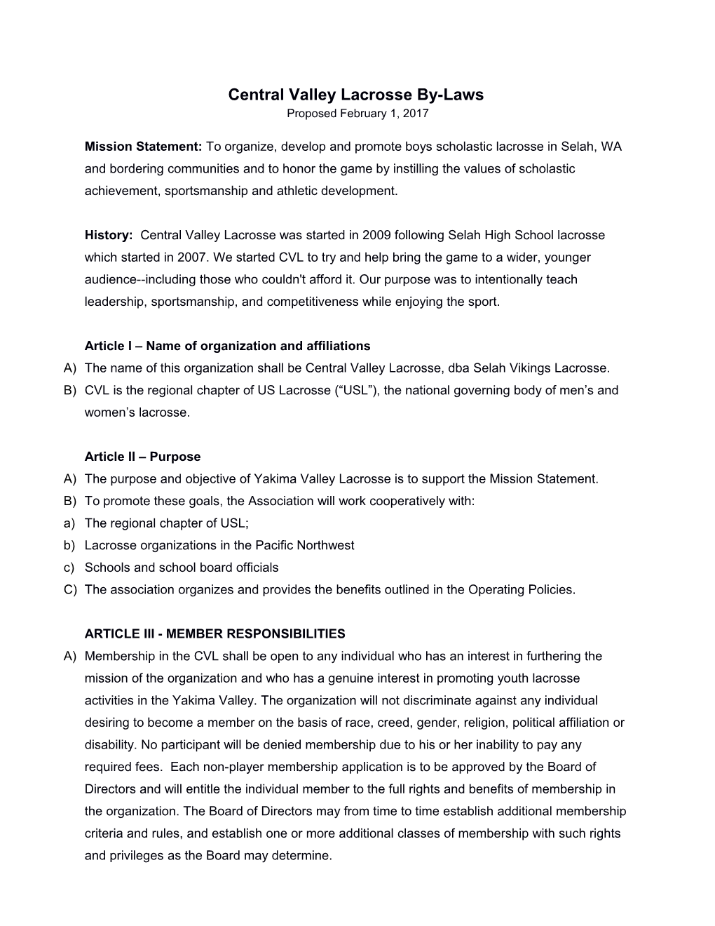 Central Valley Lacrosse By-Laws