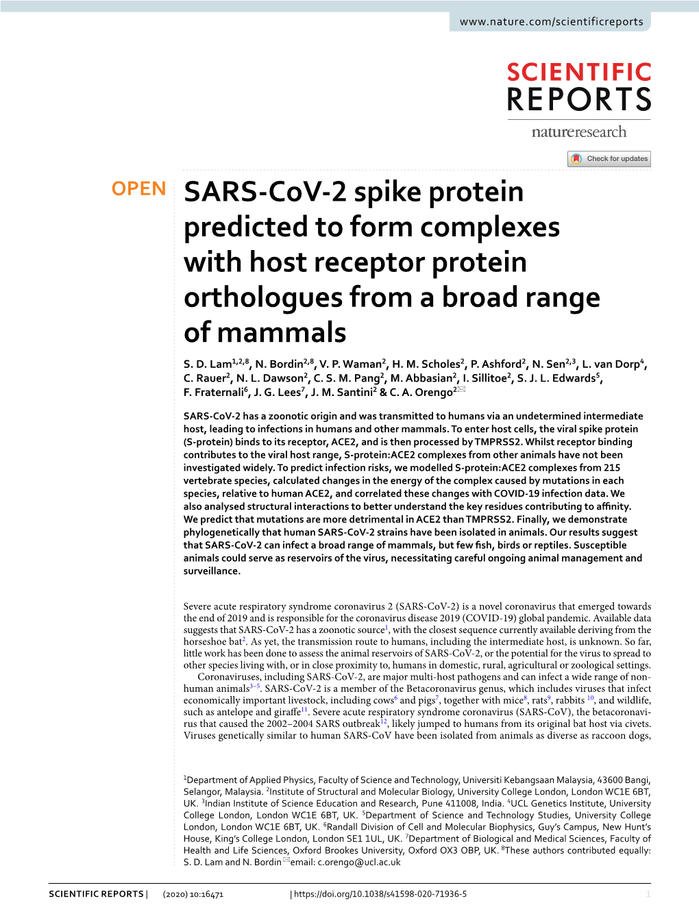 SARS-Cov-2 Spike Protein Predicted to Form Complexes with Host Receptor Protein Orthologues from a Broad Range of Mammals [Internet]