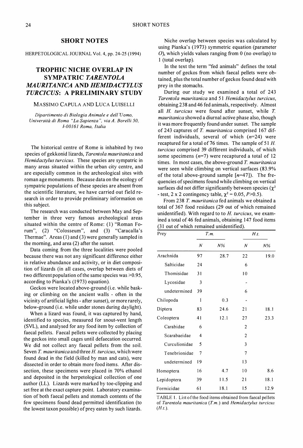 Niche Overlap Between Species Was Calculated by Using Pianka' S (1973) Symmetric Equation (Parameter HERPETOLOGICAL JOUR NAL Vol