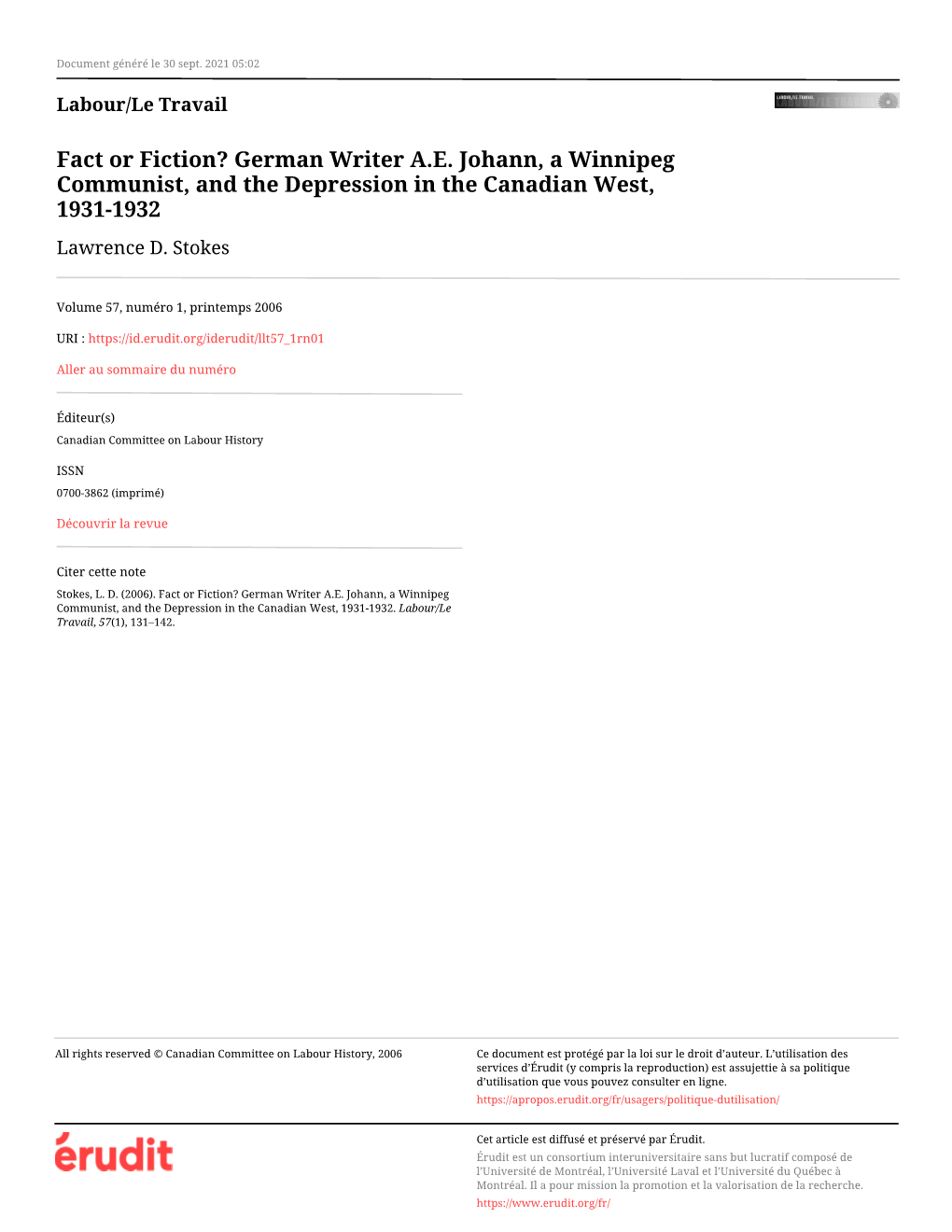 Fact Or Fiction? German Writer A.E. Johann, a Winnipeg Communist, and the Depression in the Canadian West, 1931-1932 Lawrence D