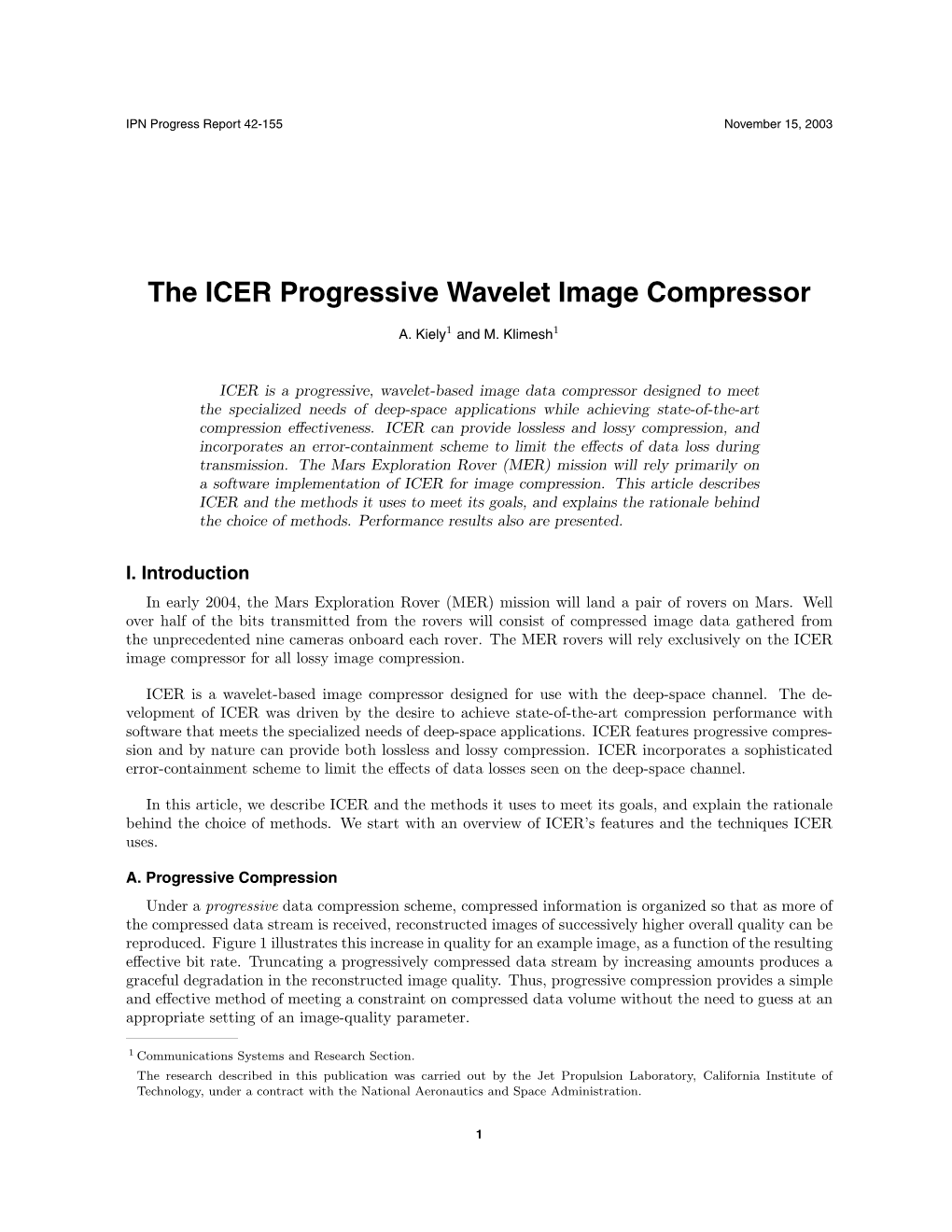 The ICER Progressive Wavelet Image Compressor