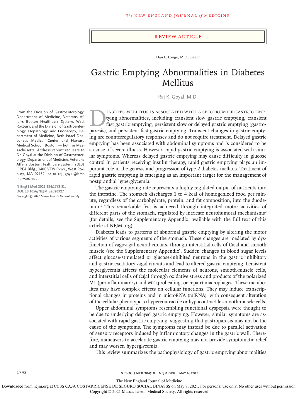 Gastric Emptying Abnormalities in Diabetes Mellitus
