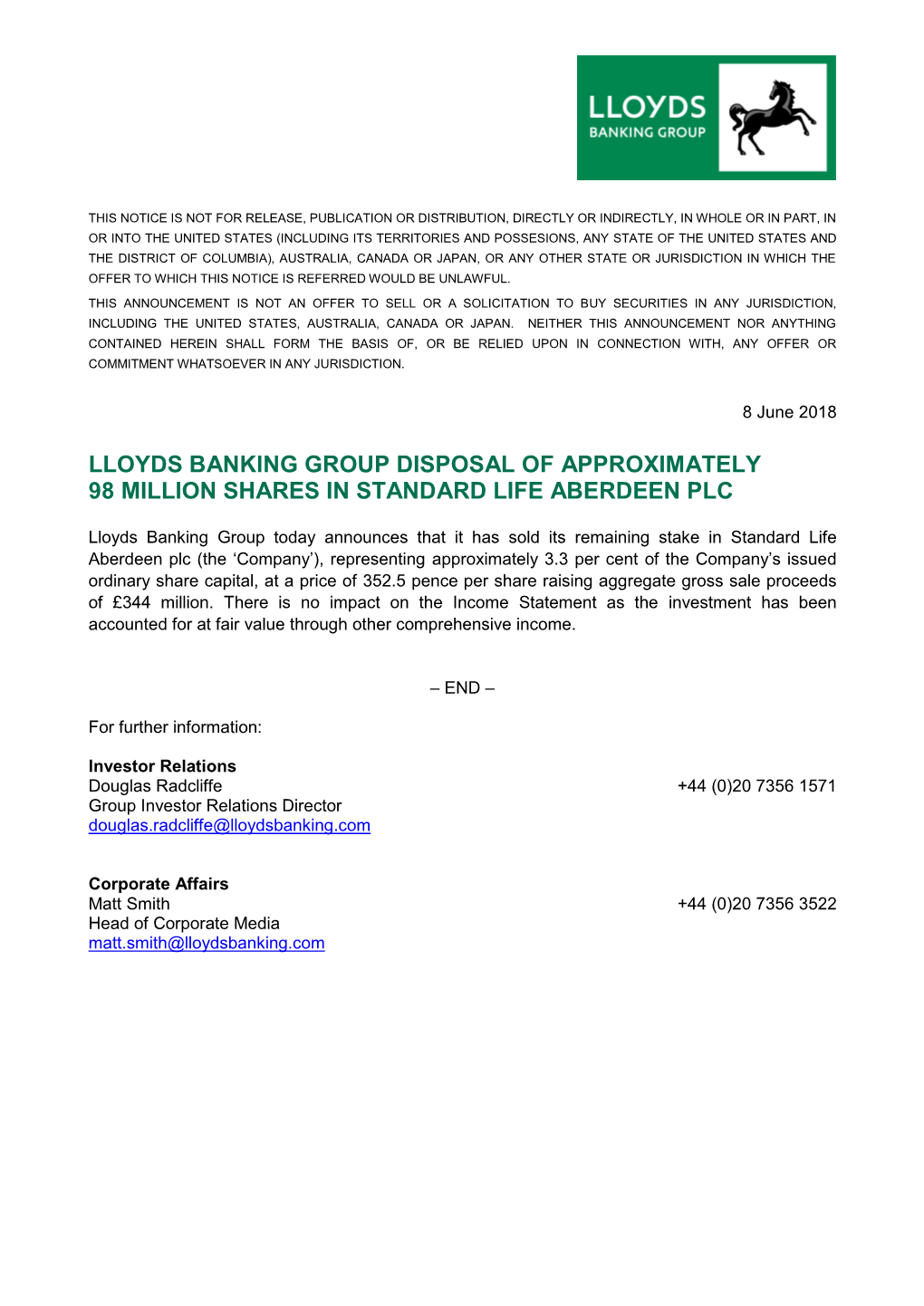 Lloyds Banking Group Disposal of Approximately 98 Million Shares in Standard Life Aberdeen Plc