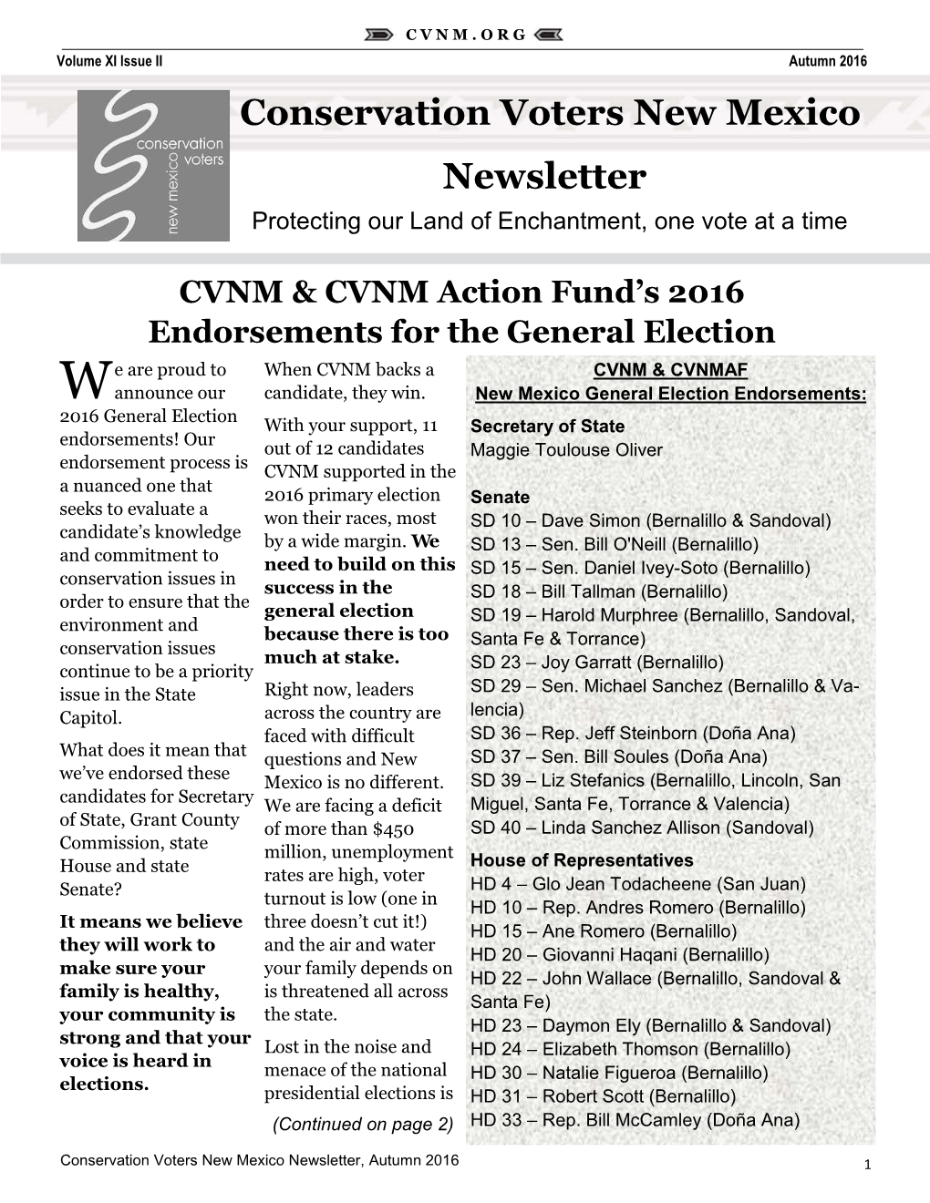 Conservation Voters New Mexico Newsletter, Autumn 2016 1 C V N M