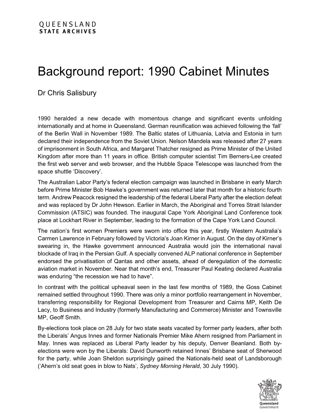 Background Report: 1990 Cabinet Minutes
