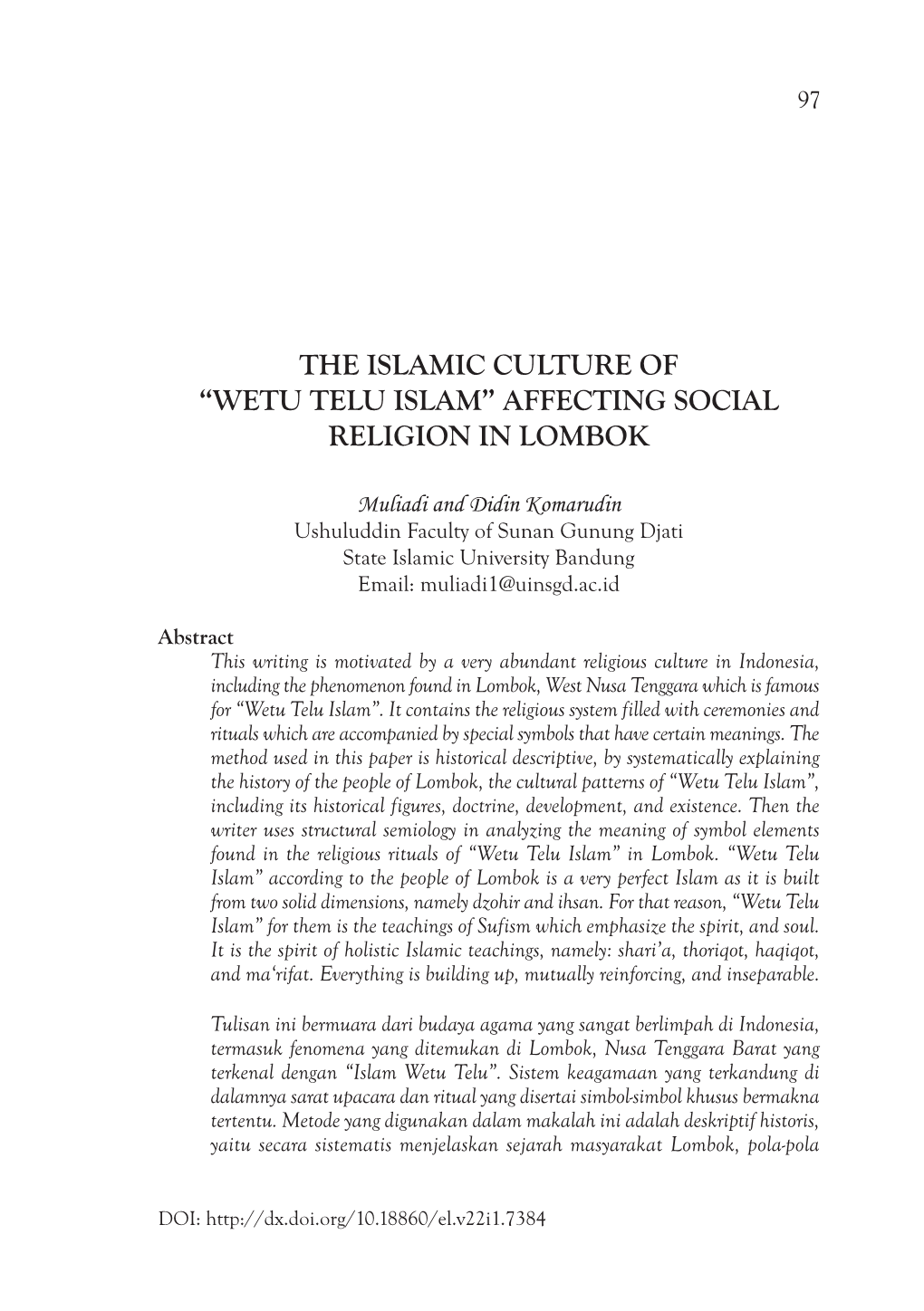 The Islamic Culture of “Wetu Telu Islam” Affecting Social Religion in Lombok