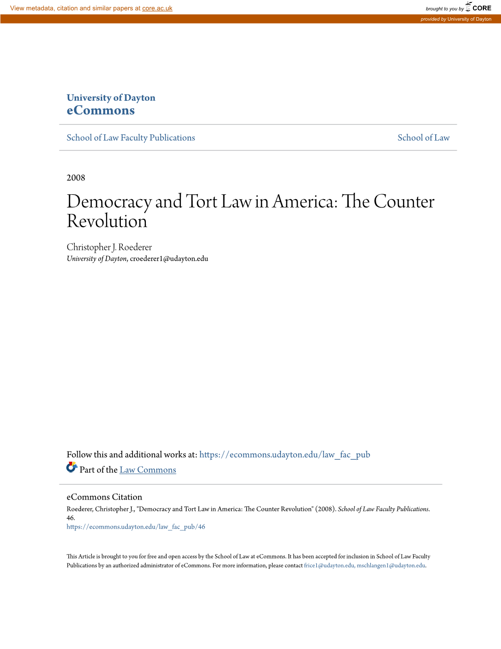 Democracy and Tort Law in America: the Counter Revolution