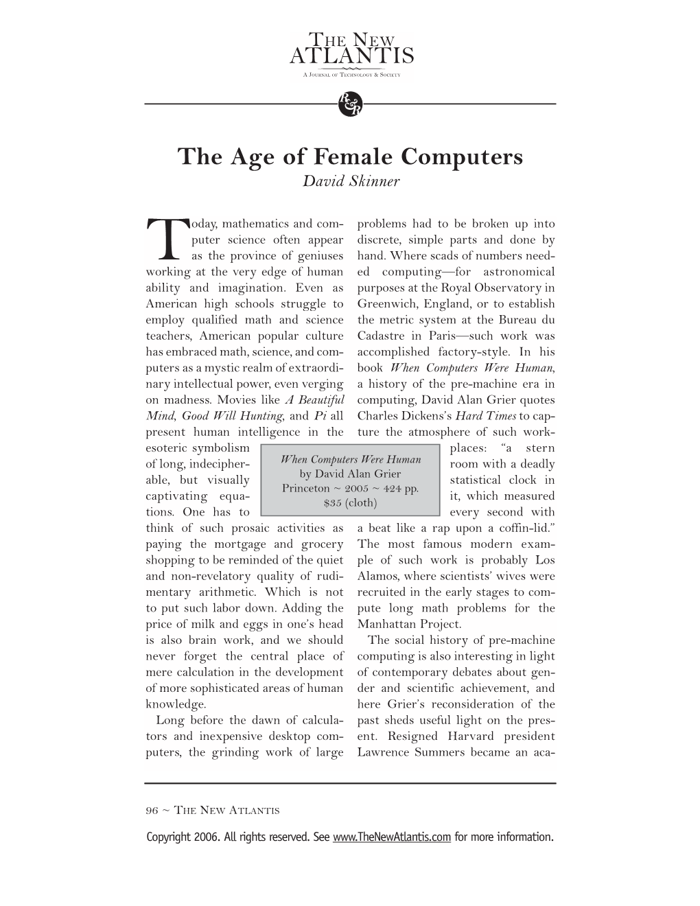 The Age of Female Computers David Skinner