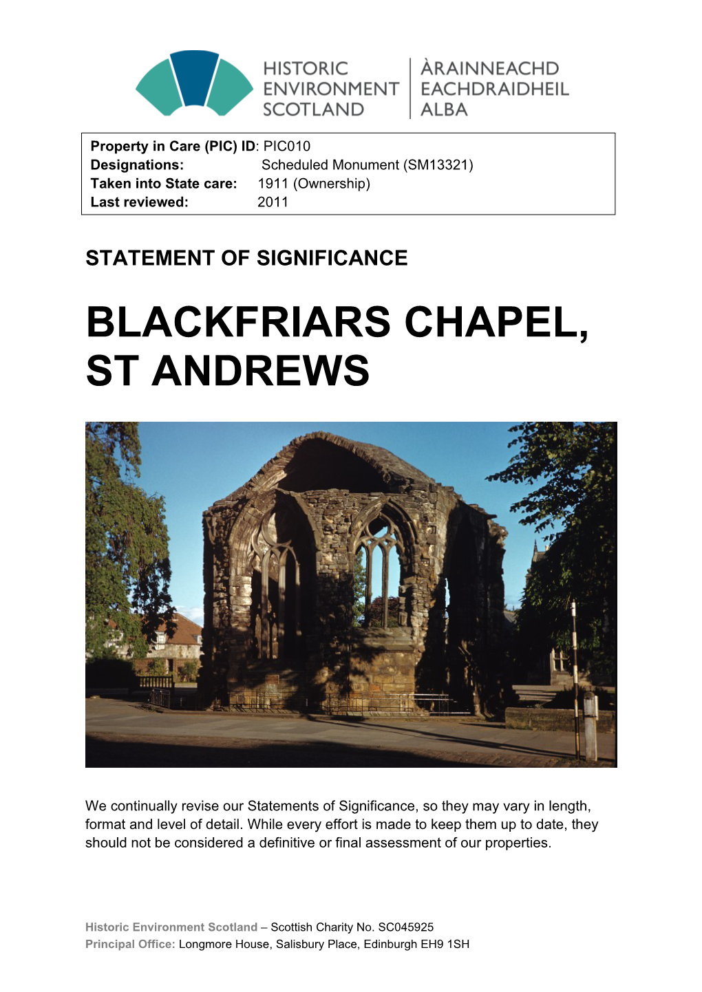 Blackfriars Chapel Statement of Significance