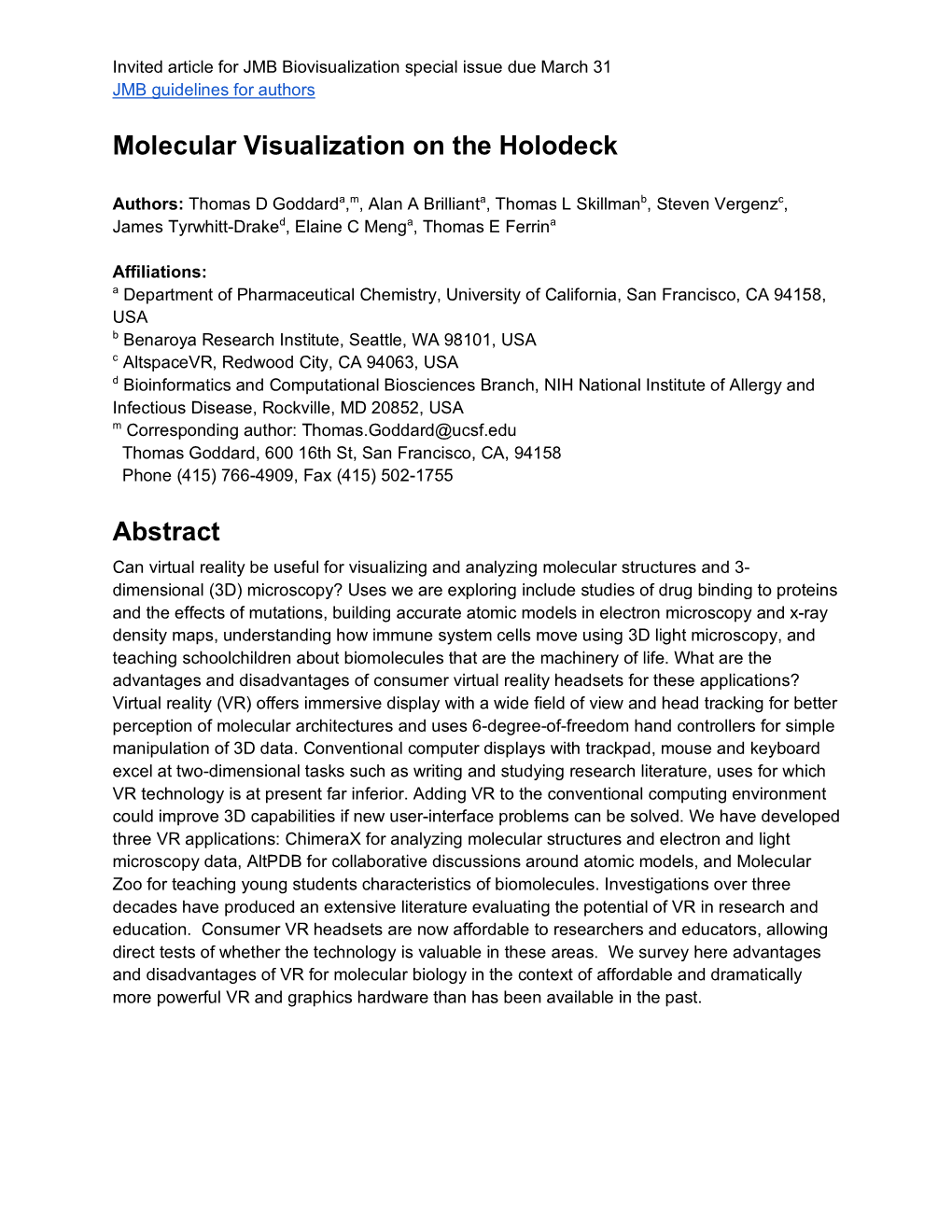 Molecular Visualization on the Holodeck Abstract