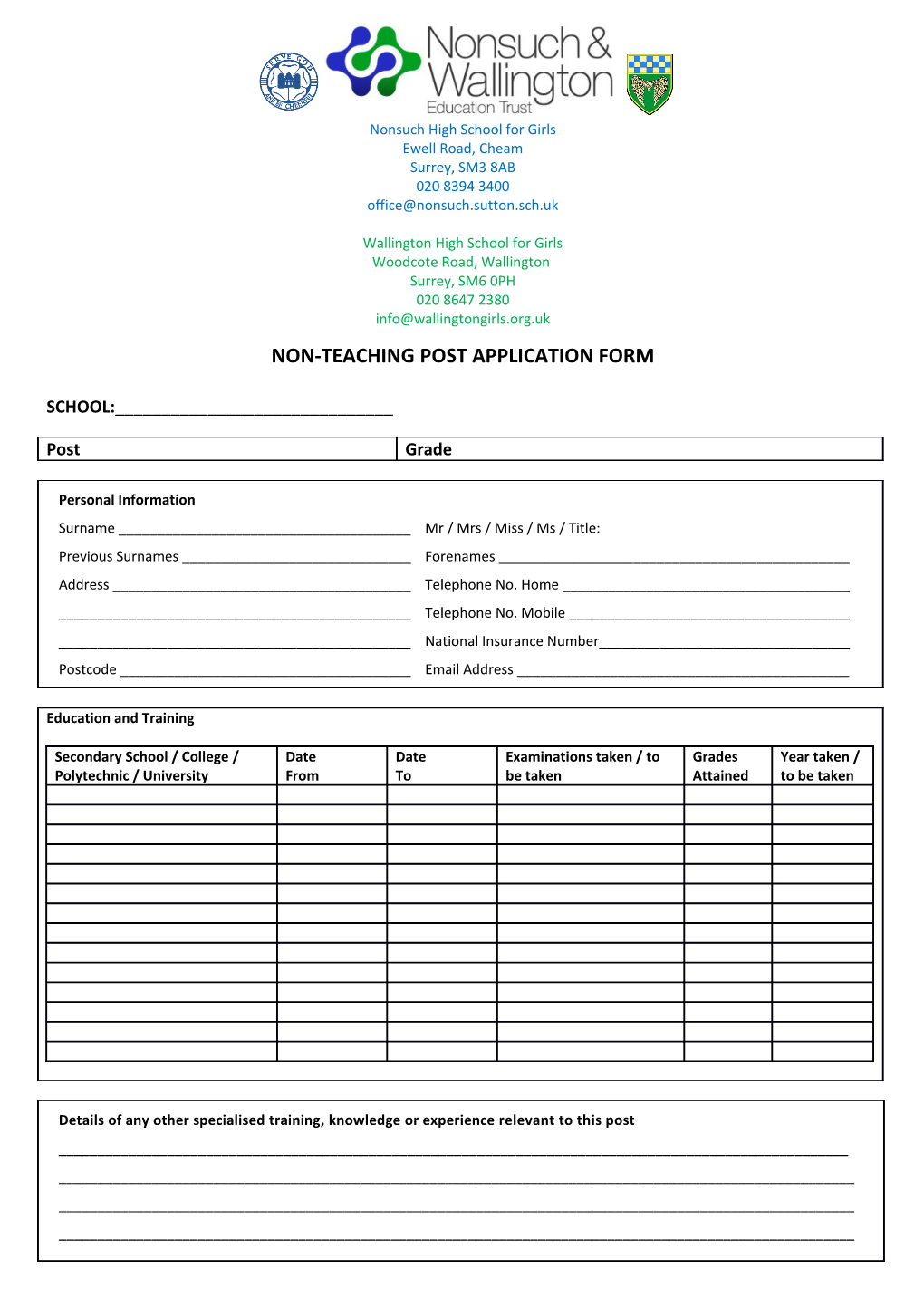 Non-Teaching Post Application Form