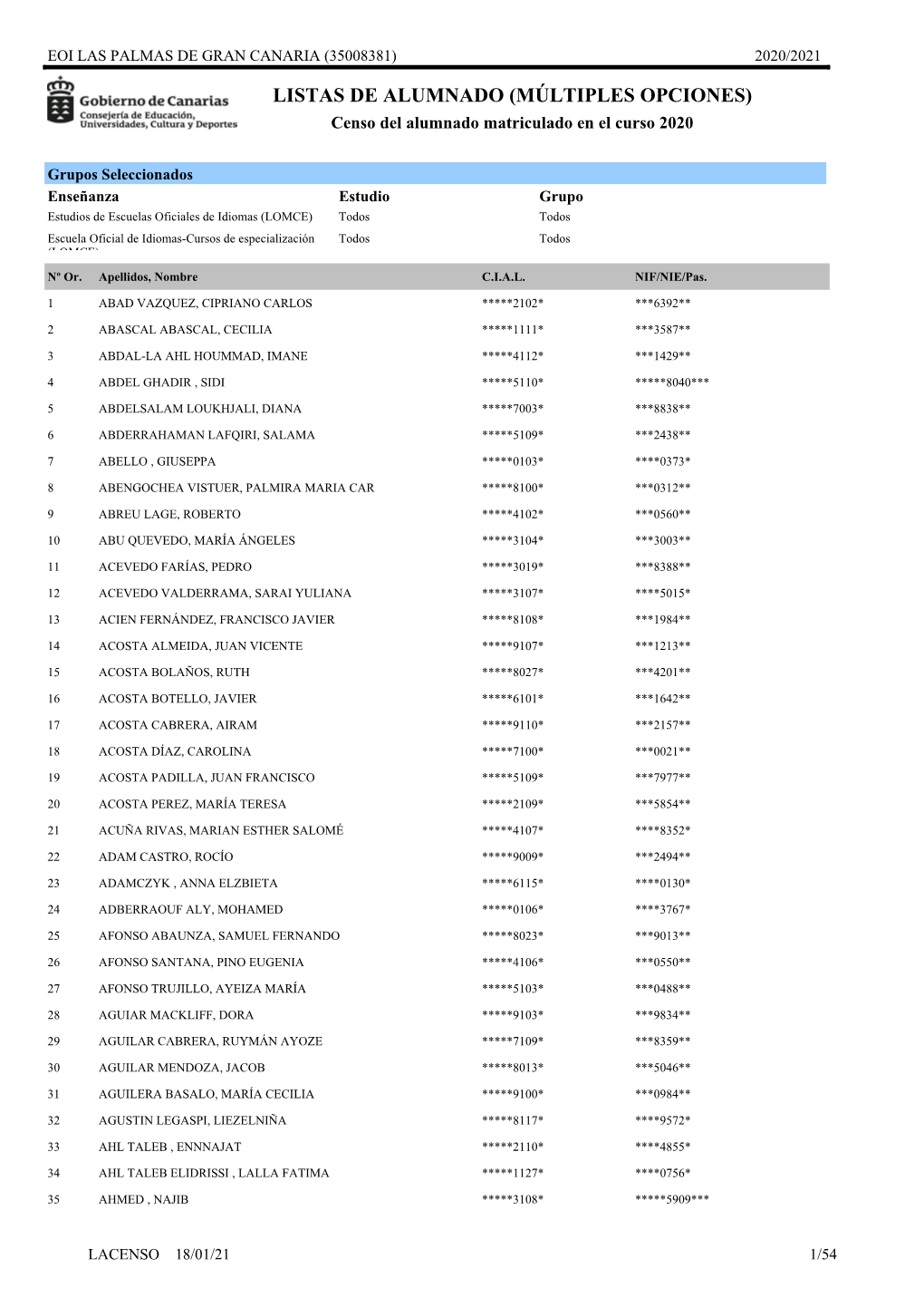 LISTAS DE ALUMNADO (MÚLTIPLES OPCIONES) Censo Del Alumnado Matriculado En El Curso 2020