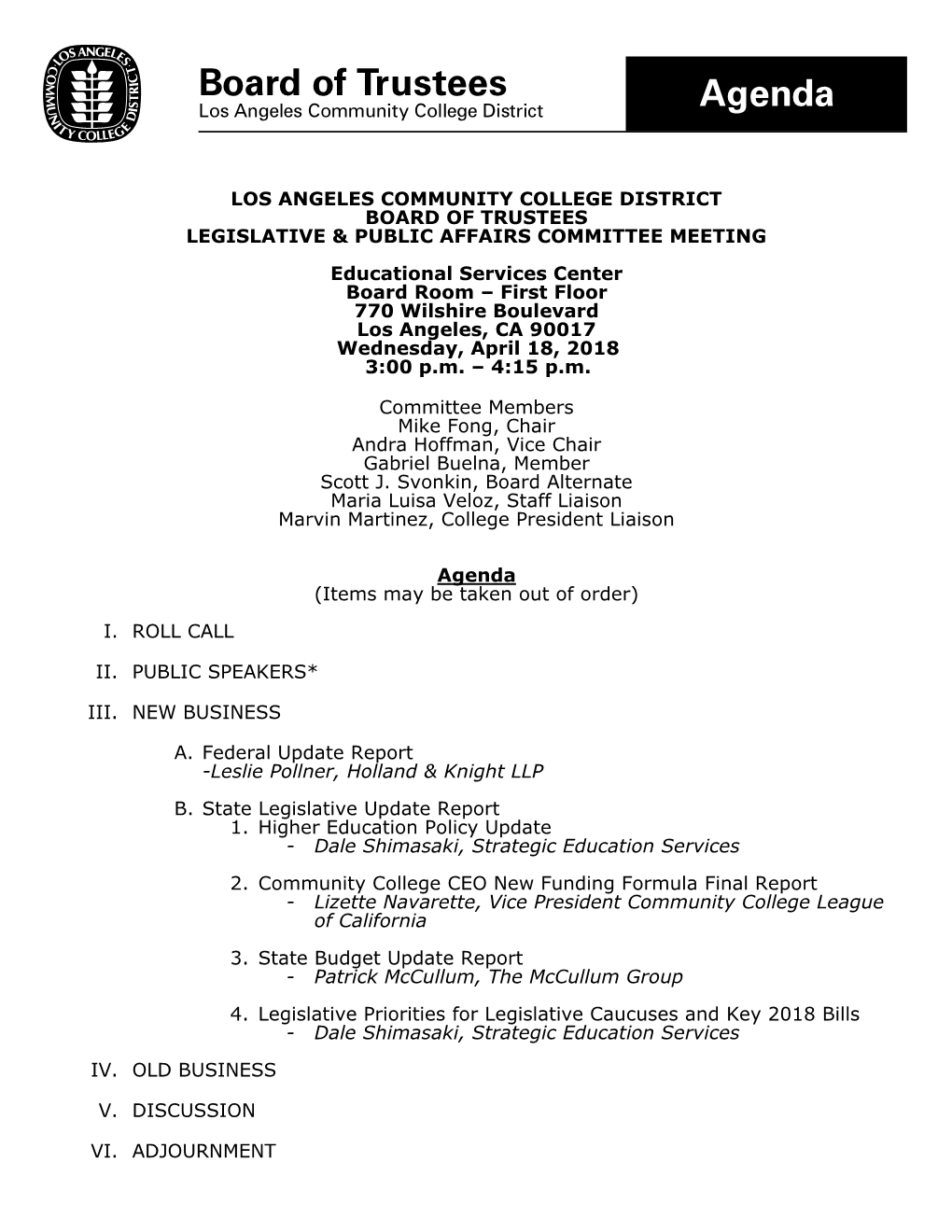 Los Angeles Community College District Board of Trustees Legislative & Public Affairs Committee Meeting