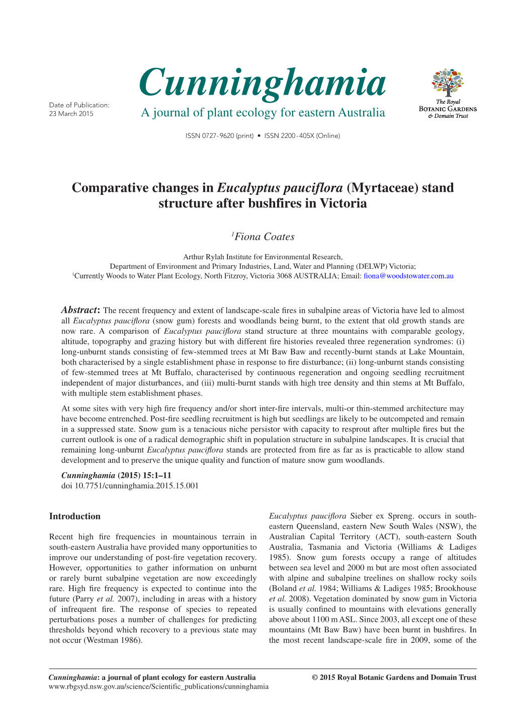 Comparative Changes in Eucalyptus Pauciflora (Myrtaceae) Stand Structure After Bushfires in Victoria