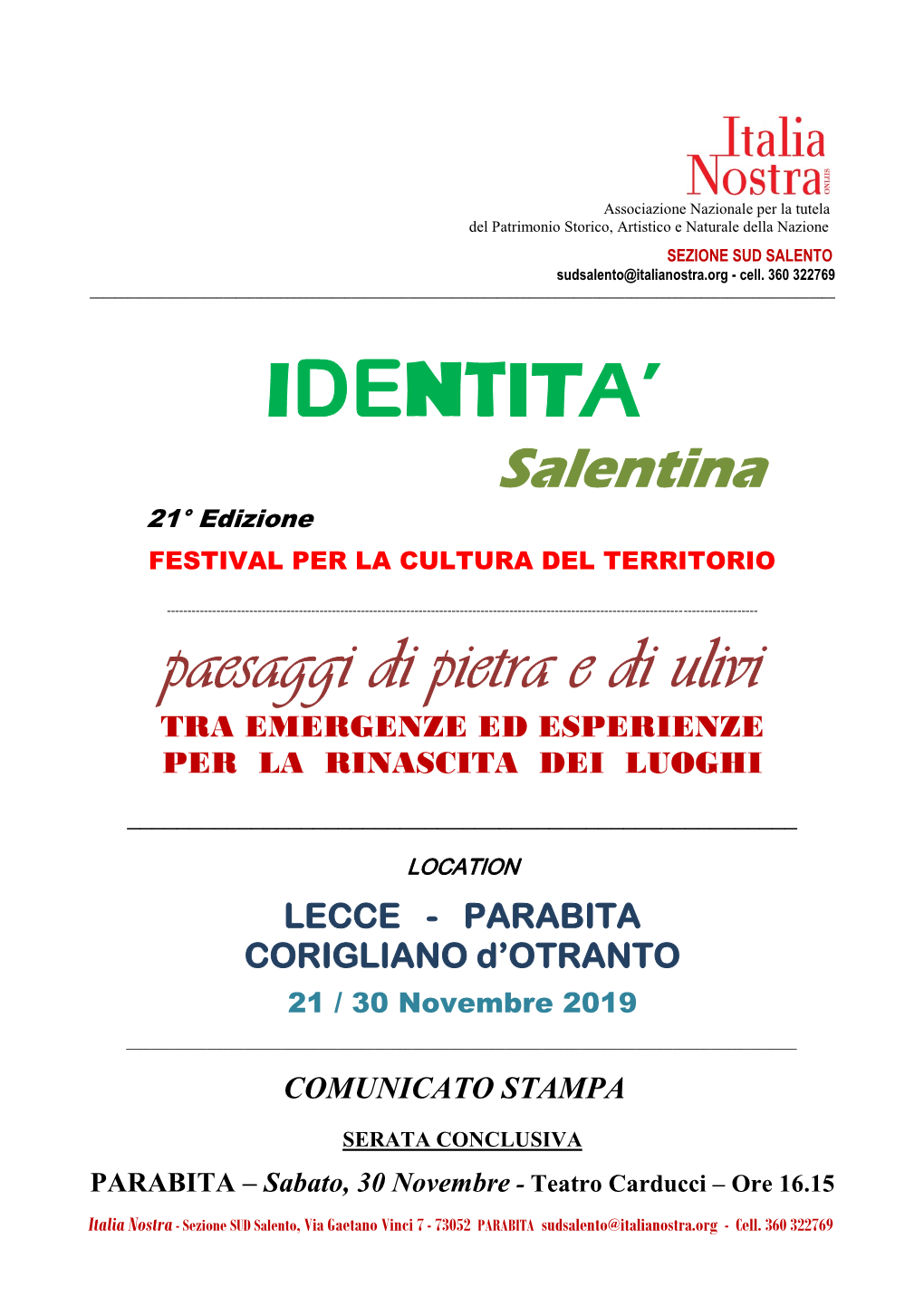 Comunicato Serata Conclusiva – IDENTITA' Salent. 2019