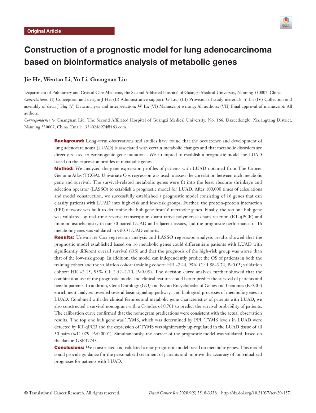 Construction of a Prognostic Model for Lung Adenocarcinoma Based on Bioinformatics Analysis of Metabolic Genes