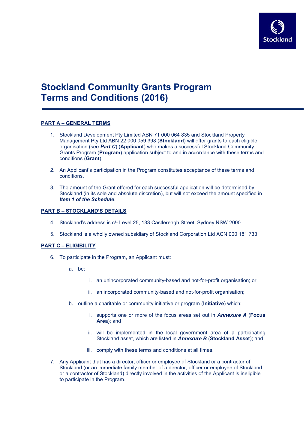 Stockland Community Grants Program Terms and Conditions (2016)