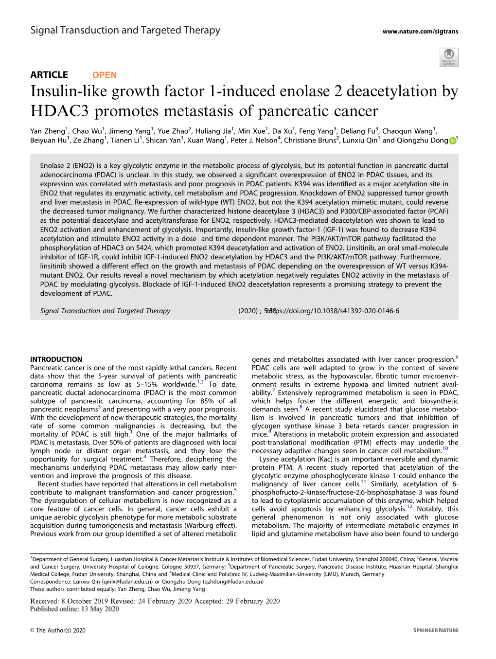 Insulin-Like Growth Factor 1-Induced Enolase 2 Deacetylation by HDAC3 Promotes Metastasis of Pancreatic Cancer
