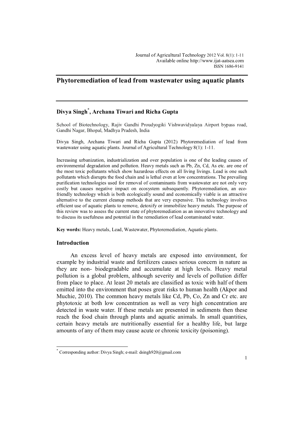 Phytoremediation of Lead from Wastewater Using Aquatic Plants