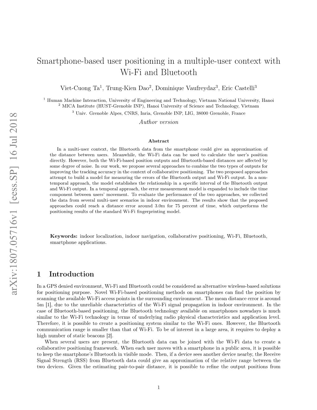 Smartphone-Based User Positioning in a Multiple-User Context with Wi-Fi and Bluetooth