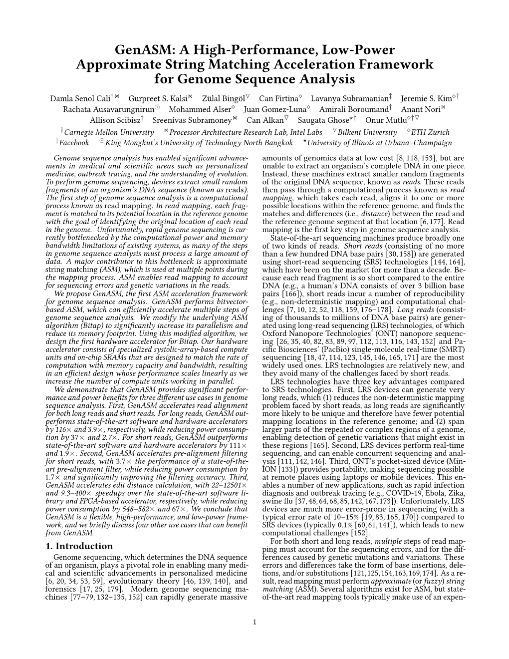 Genasm: a High-Performance, Low-Power Approximate String Matching Acceleration Framework for Genome Sequence Analysis Damla Senol Cali†On Gurpreet S